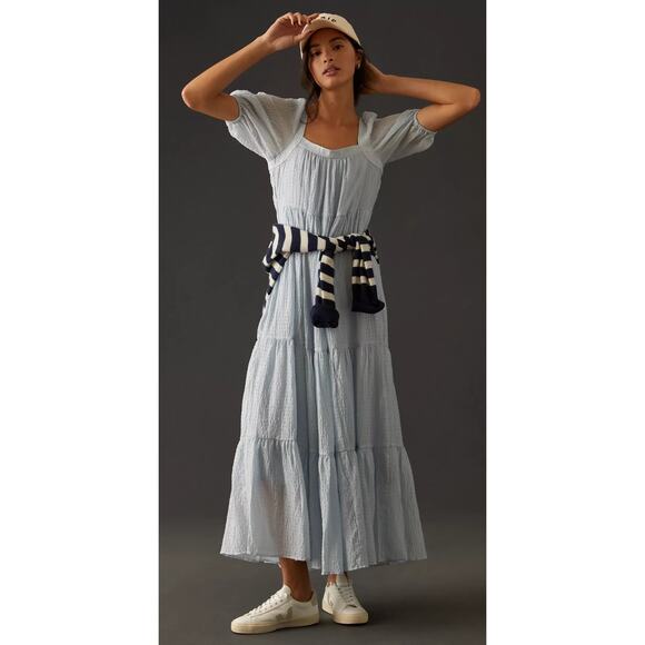 Anthropologie Light Blue Tiered Puff-Sleeve Lightweight Maxi Dress Size Medium - Picture 1 of 10